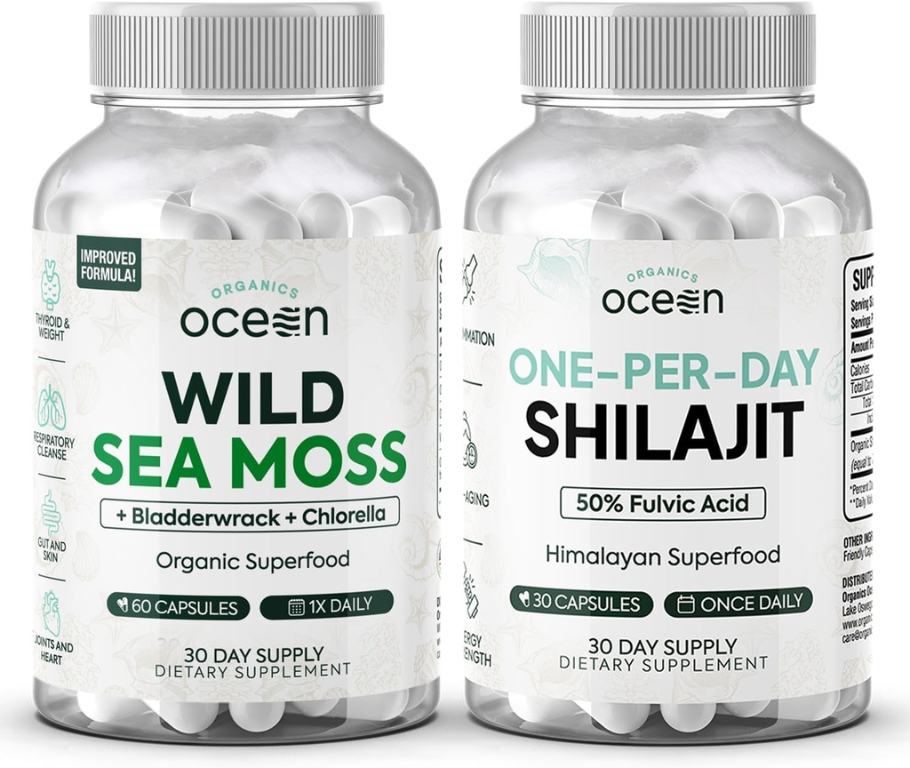 Organics Ocean Wild Sea Moss Capsule și Shilajit One-per-Day pentru bărbați și femei - 100% Irish Sea Moss și capsule pure Shilajit - Suport tiroidian pentru femei și bărbați