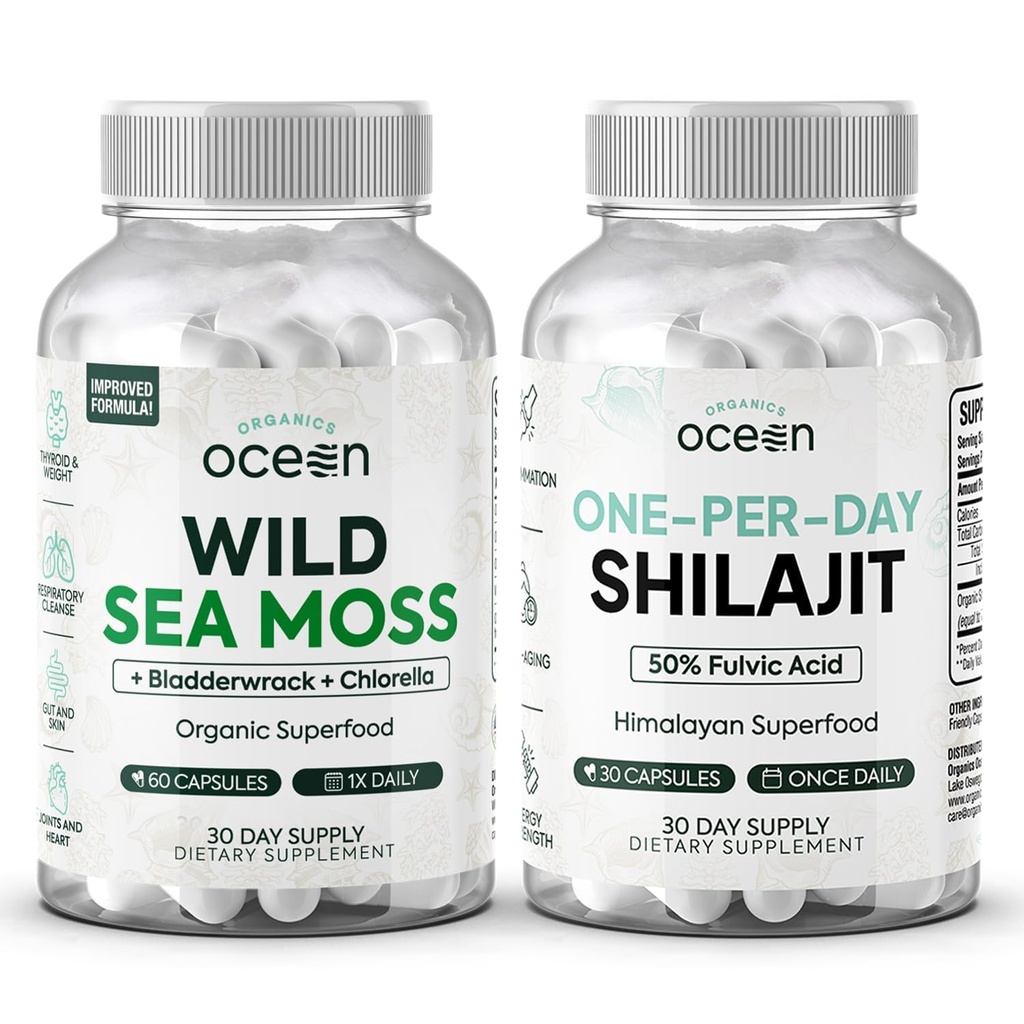 Organics Ocean Wild Sea Moss Capsule și Shilajit One-per-Day pentru bărbați și femei - 100% Irish Sea Moss și capsule pure Shilajit - Suport tiroidian pentru femei și bărbați