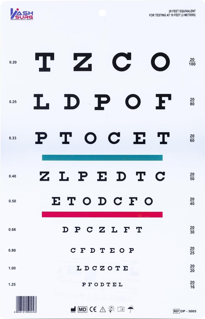 Snellen Chart cu Red Green Lines 10 Feet 9 X 14 inch