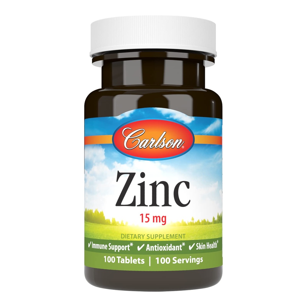 Carlson - Zinc, 15 mg, Zinc Supliment, zinc Gluconat, Immune Support & Skin Health, Zinc Tablets, Antioxidant, Zinc Capsule, 100 comprimate