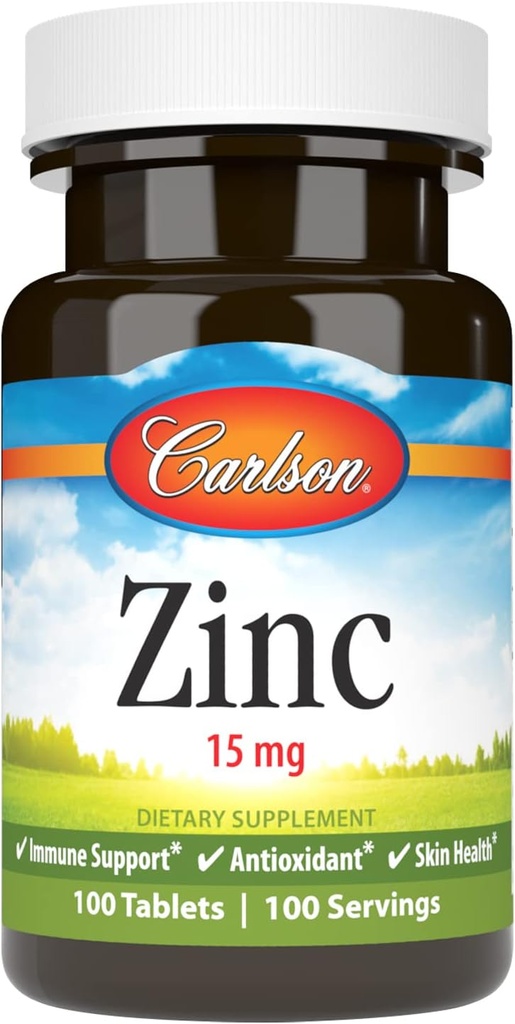 Carlson - Zinc, 15 mg, Zinc Supliment, zinc Gluconat, Immune Support & Skin Health, Zinc Tablets, Antioxidant, Zinc Capsule, 100 comprimate