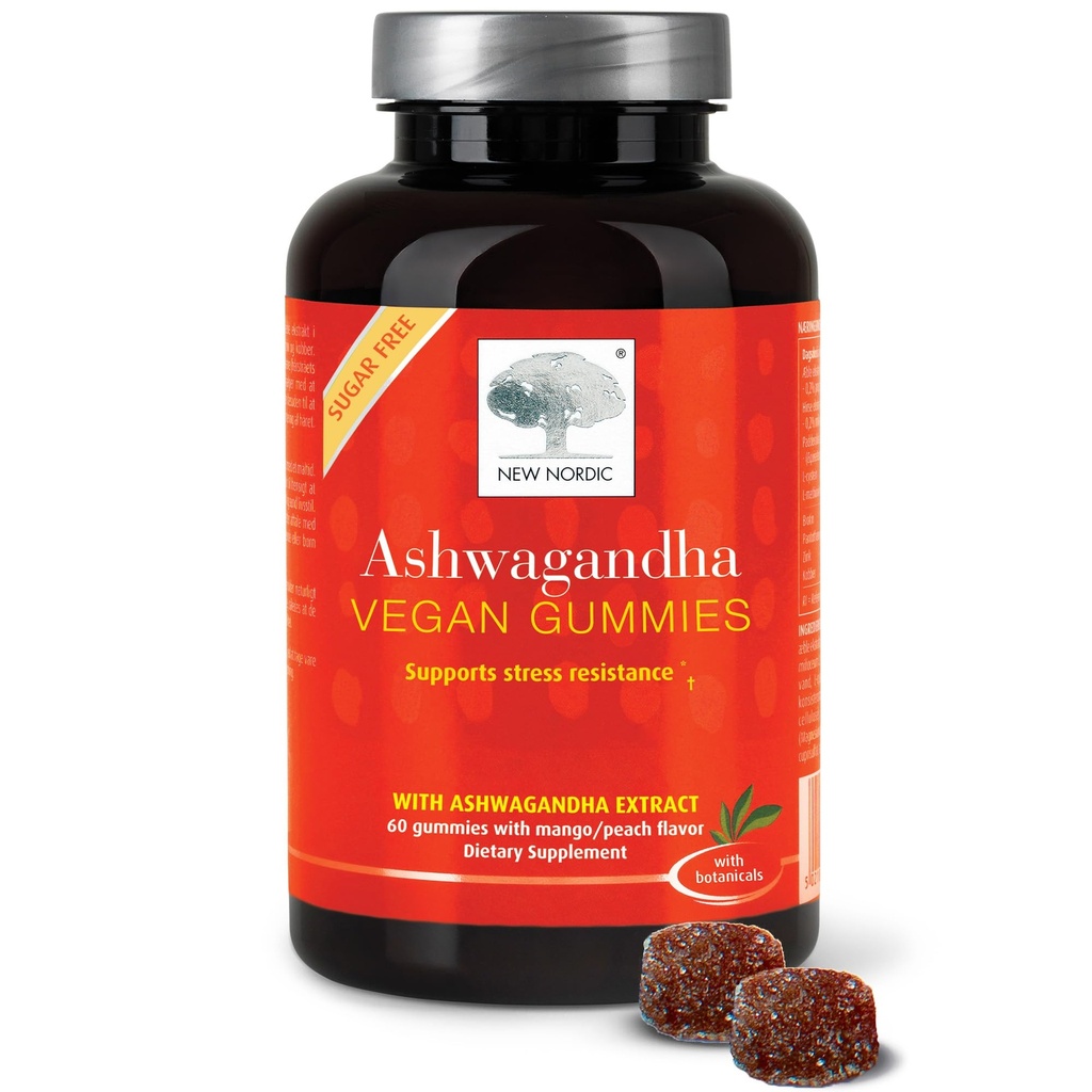 NORDIC Ashwagandha Gummies, 300 mg Ashwagandha Root Extract, Sugar Free, Adaptogens pentru bărbaţi şi femei, Delicious Mango Peach, 60 Gummies