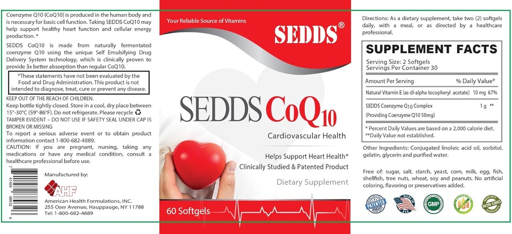 SedDS® CoQ10 Ubichinol Suplimentul pentru sanatate cardiovasculara, Vitamina zilnica pentru sanatatea inimii si energie (conte 60), Softgel lichid de mare absorbtie pentru hipertensiune si colesterol