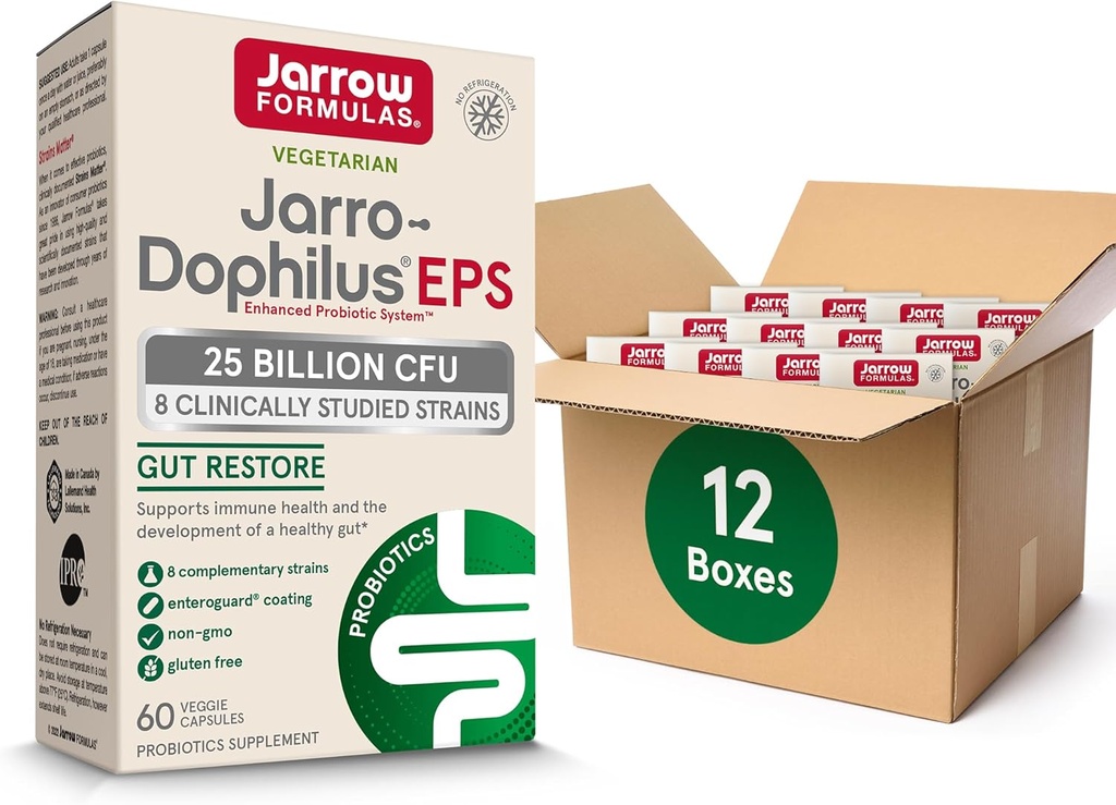 Jarrow Formulas Jarro-Dophilus EPS Probiotice 25 Miliarde CFU pentru Suport Tract Intestinal, Gut Health Probiotice Suplimente pentru Femei si Barbati, 60 Capsule Veggie, Până la o aprovizionare de 60 zile, 12 Packs