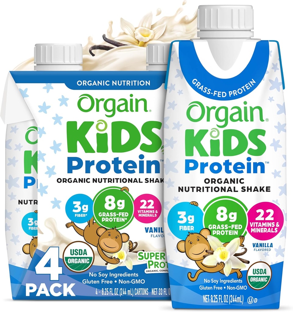 Orgain Organic Kids Proteina nutritional Shake, Vanilie - 8g de proteine, 22 vitamine si minerale, fructe si legume, Gluten gratuit, Soy Free, Non-GMO, 8.25 Fl Oz (Pachet de 4)