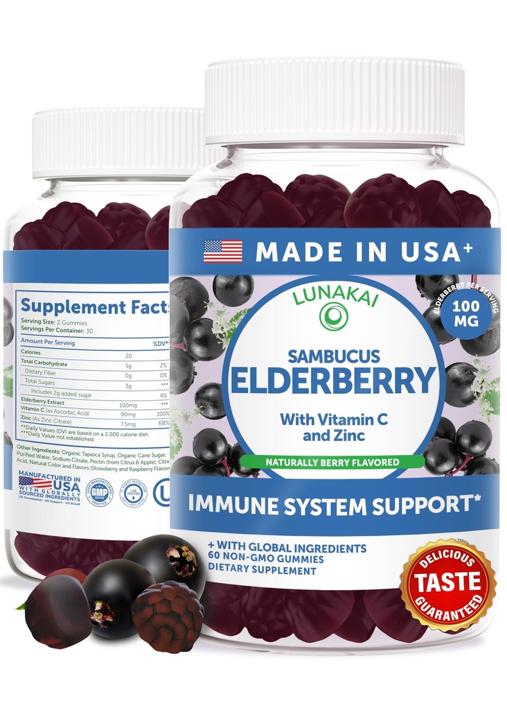 Lunakai Statele Unite ale Americii Made Black Sambucus Elderberry Gummies pentru adulți și copii cu vitamina C & Zinc - Suport imun, Antioxidanți, Non-GMO, 60 Gummies