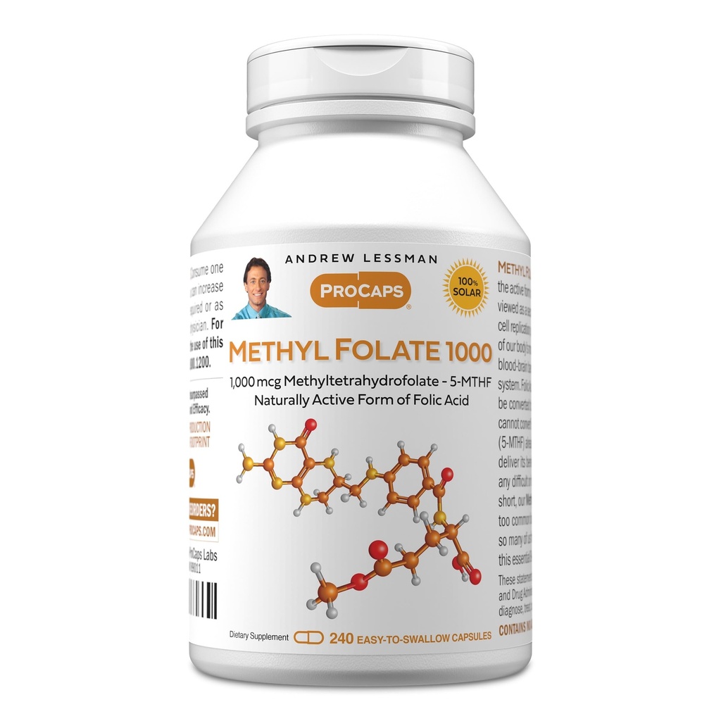 ANDREW LESSMAN Metil Folate 1000mg - 240 capsule - 1000 mcg L-metil Folat, Nivele potente de vitamina B9 esentiala. Sprijina inima sanatoasa, creier, imun si sarcina. Capsule uşor de înghiţit