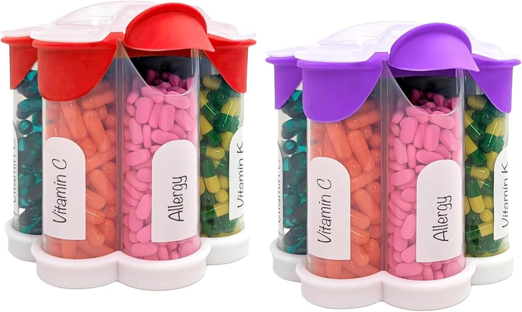 Extra Large Pill Organizator Zilnic, Săptămânal, Lunar Supliment flacon, Cute Blossom Pill Dispenser cu 7 XL Compartimente (2 ambalaj Combo) (Purple și roșu)