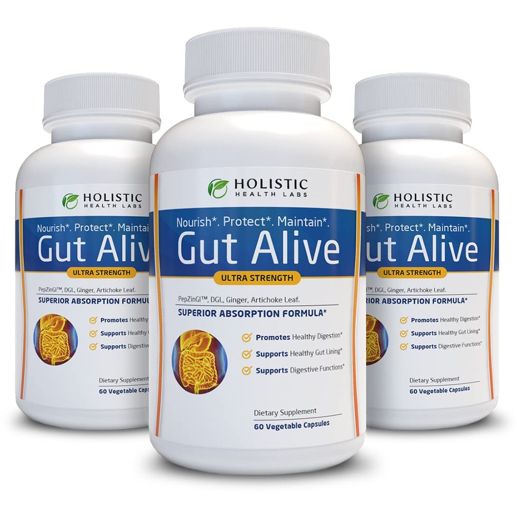 Gut Alive - tot sprijinul natural pentru a lupta IBS, arsuri la stomac, indigestie acidă, Reflux acid, Blooting & Gas. Formulare unica (60 Count (Pachet de 3))