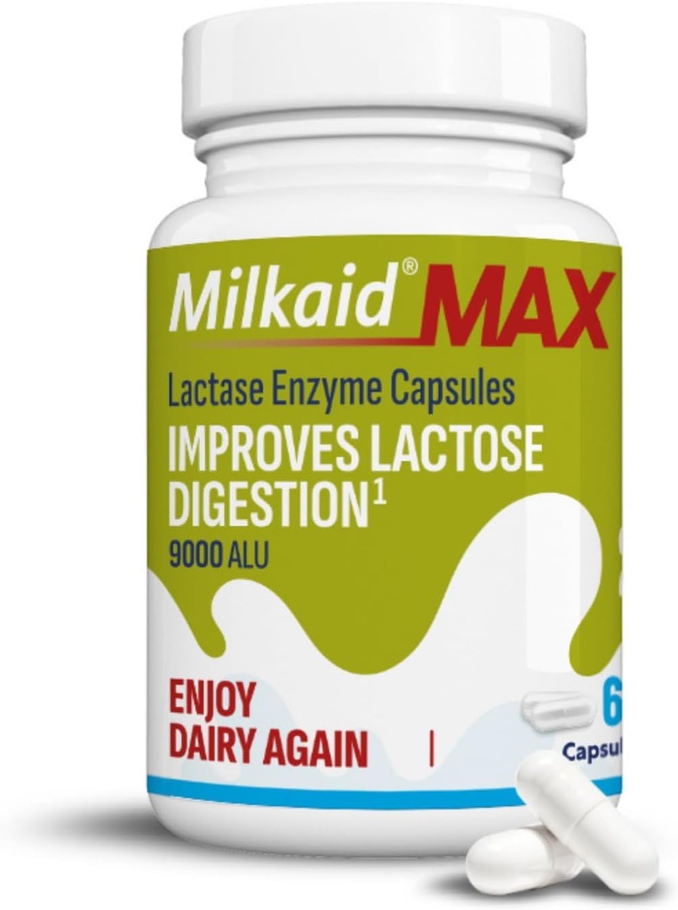 Milkaid Capsule Max pentru Intoleranţă la Lactoză Relief cu Lactase Enzyme, Supliment alimentar pentru a ajuta la prevenirea gazelor naturale, Blooting & Diaree Datorită sensibilităţii la lactoză 