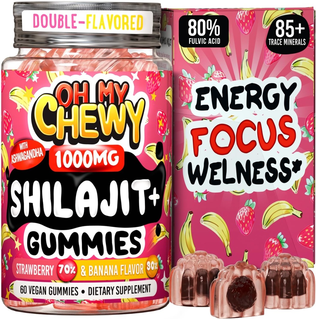 Pure Himalayan Shilajit Gummies - Resin de aur de înaltă intensitate - Boost de energie și sprijin imunitar pentru bărbați și femei cu Ashwagandha și Shatavari - 60 Gummy - Căpșuni și banane