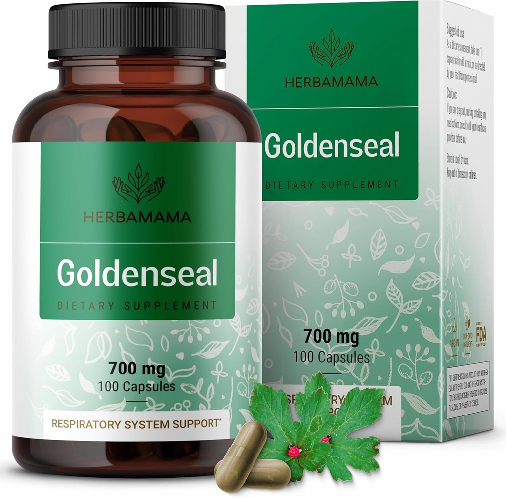 HERBAMAMA Goldenseal Root Capsule 700mg - Sistemul respirator & Suport Immune cu Goldenseal pulbere Supliment - Vegan, Non-GMO