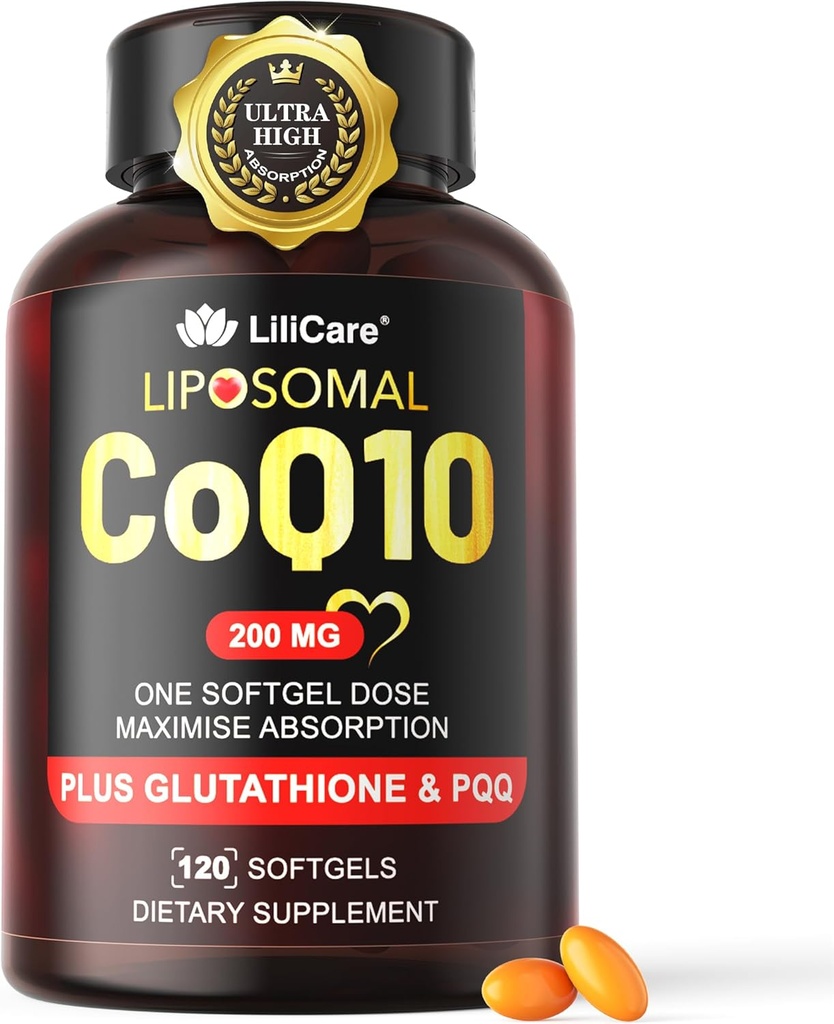 CoQ10-200mg-Softgels, 120 Servings Liposomal CoQ10 PQQ & Black Pepper Extract pentru absorbţie maximă - Ultra Ubichinonă Coenzima Q10 Supliment puternic antioxidant Suporturi Hear-t & Energy Boost