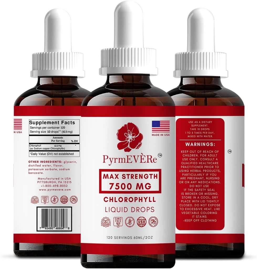 Pyrmevere Clorofile picături lichide -Made in USA, Aroma de menta, Clorofila lichida 
