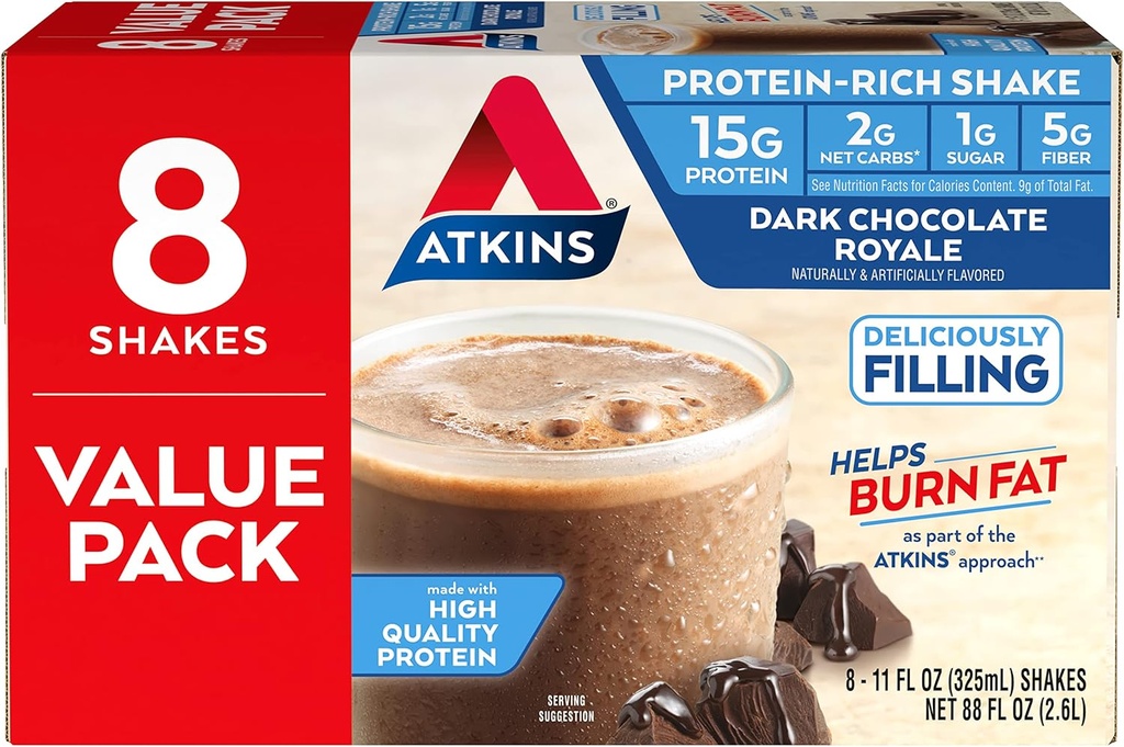 Atkins Gluten Free Proteine-Rich Shake, Dark Chocolate Royale, Keto-Friendly, 8 Conte (Pachet de 1)