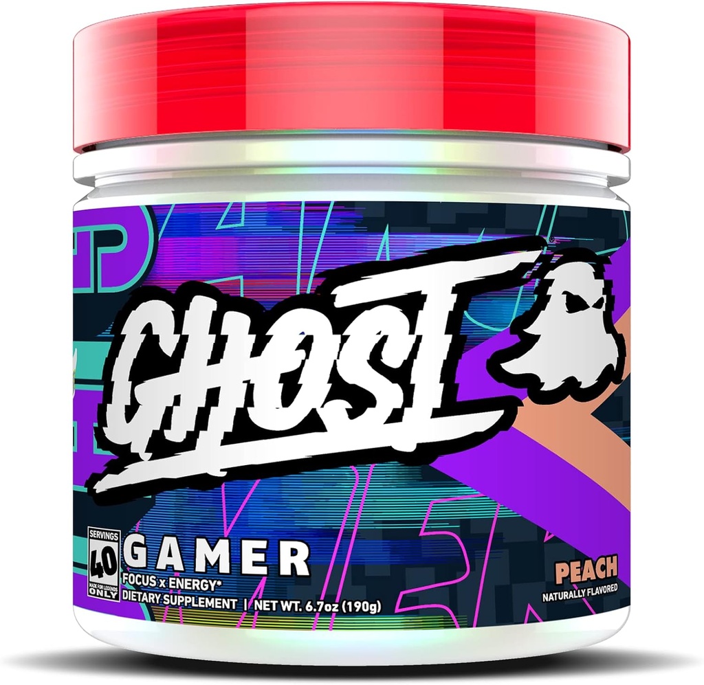 GHOST Gamer: Formula suport energie și focus - 40 serviri, piersic - Nootrops & Natural Cafeina pentru atenție, timp de precizie și reacție - Vegan, gluten-gratuit