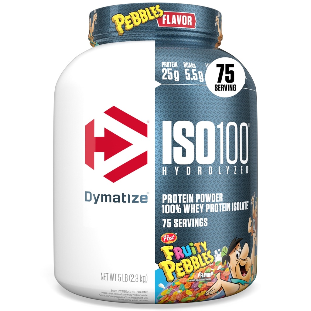 Dymatize x Pebbles Fruity ISO100 Whey Pulbere de proteine Izolat, 25g de proteine, 5,5g BCAAs, 120 Cal., Gluten Free, 1g Fat, 1g Zahăr, 2g Carb (75 Servings)