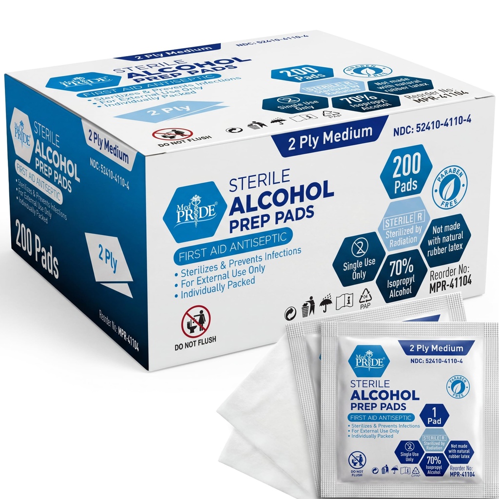 MED PRIDE Pad-uri de prep alcool steril, antiseptice, 70% izopropil, individuale învelite, medical de grad 2 Ply Wipes (200 Count (Pachet de 1) alb)