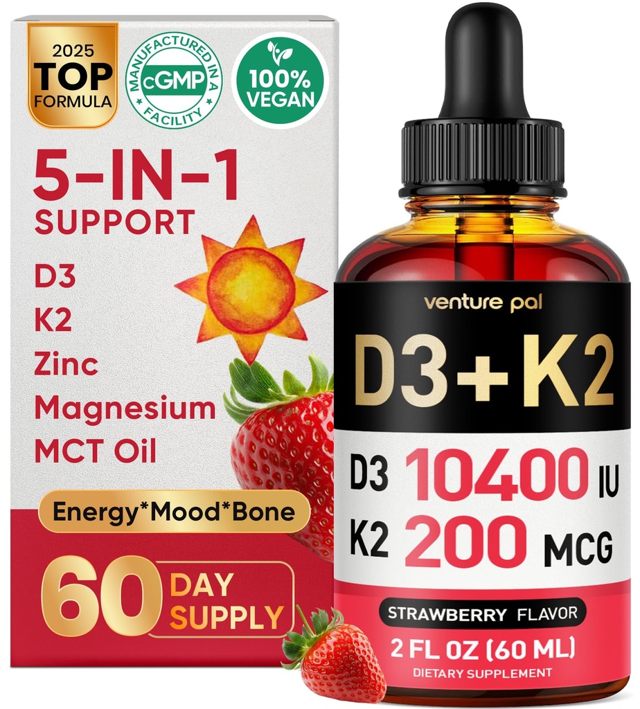 Venture Pal 5-in-1 Vitamina D3 10000 UI & K2 sub formă de MK-7 200mcg cu magneziu, ulei MCT, zinc, vitamina D fără zahăr lichid 