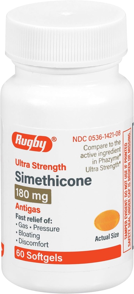 Rugby Ultra Putere Simethicone Relief de gaz 180 mg - Relief de gaz maxim pentru adulți - poate ajuta cu simptome de flatulență, balonare, gaz Fullness - 60 Softgels (1 ambalaj)