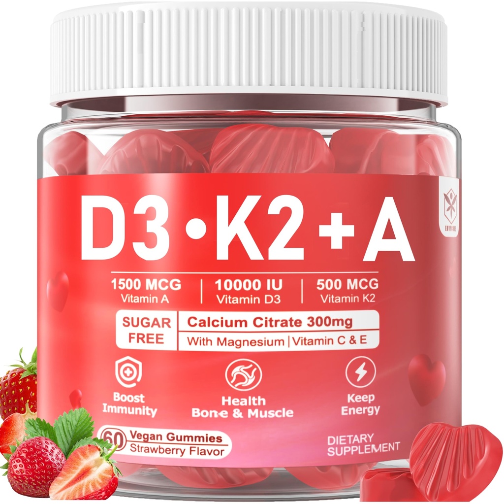 Vitamina D3 10000iu + K2 MK7 + A Gumies with Calciu Magneziu Zinc pentru Femei & Bărbați, Potență mare ADK Suplimentul de vitamine susține sistemul imunitar sănătos, funcția osoasă și vizuală, fără zahăr 120 Cts