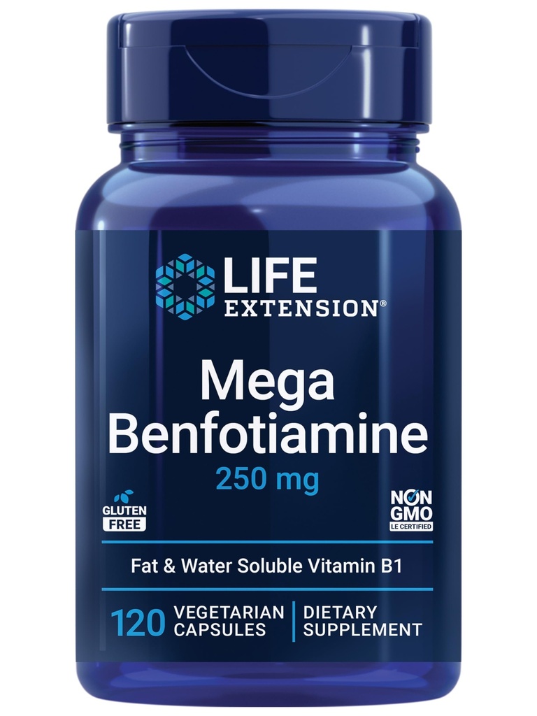 Extensie de viaţă Mega Benfotiamină, 250 mg, o formă Fat-Soluble de tiamină, Metabolism sănătos, Ultra-biodisponibil vitamina B1, potenţă ridicată, gluten-free, non-GMO, vegetarian, 120 capsule