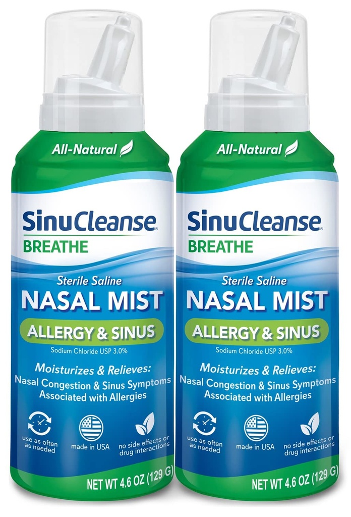 SinuCleanse Alergie & Sinus Sinus Saline Spray nazal, Ultra Fine Mist, Moisturizes instant & Relieves Congestion Nasal sever datorită alergiilor, 4.6 Oz (2 Pack), Made in USA