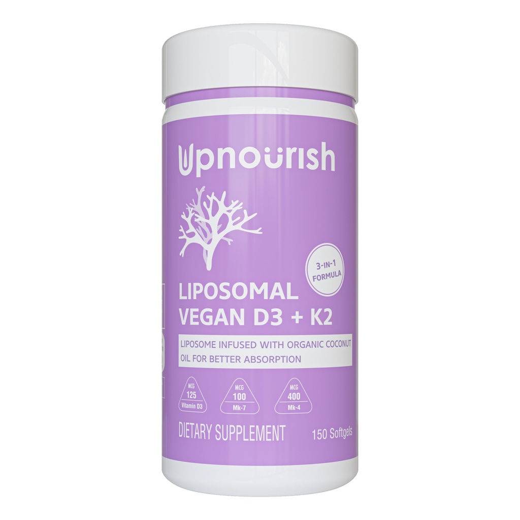 UpNourish Certified Vegan Vitamina D3 5000 UI K2 MK4 MK7 500 mcg Supliment, 150 Softgels, Pe bază de plante lipozomal Vitamina D K cu ulei de cocos organic, Non OMG, Gluten și Gelatină gratuit