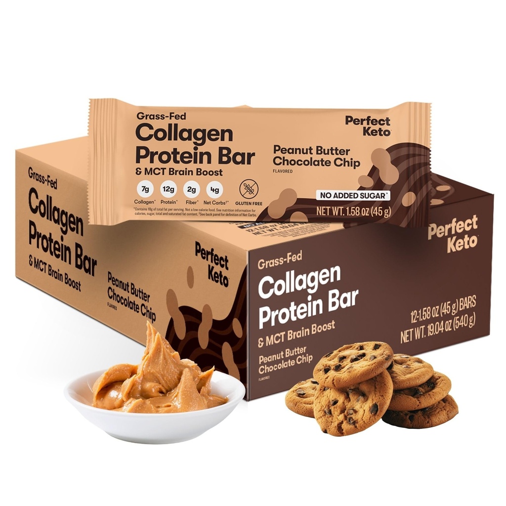 Bar de proteine Keto Colagen perfect, gluten Grass gratuit Fed Colagen + MCT Ulei, carbohidrat scăzut, fără zahăr adăugat, Snacks-uri de proteine ridicate, Keto Diet Foods, 13g Proteine, 18g Fat, 3g Net carbohidrati, Peanut Butter Chocolate Chip, 12 Baruri
