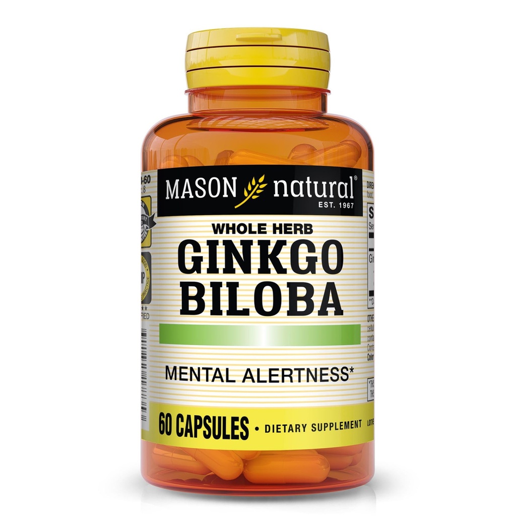 Mason Natural Ginkgo Biloba, 1 lună de aprovizionare, ajută la îmbunătățirea vigilenței mintale și suport funcția optimă a creierului, 60 capsule