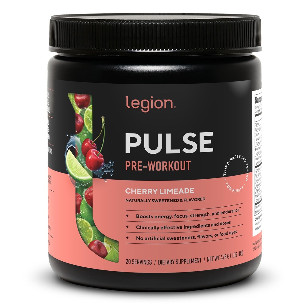 LEGION- All Natural Nitrogen oxid Preworkout Drink to Boost Energy, Creatine Free, Natural Sweetened, Beta Alanine, Citruline, Alpha GPC (Cherry Limeade)