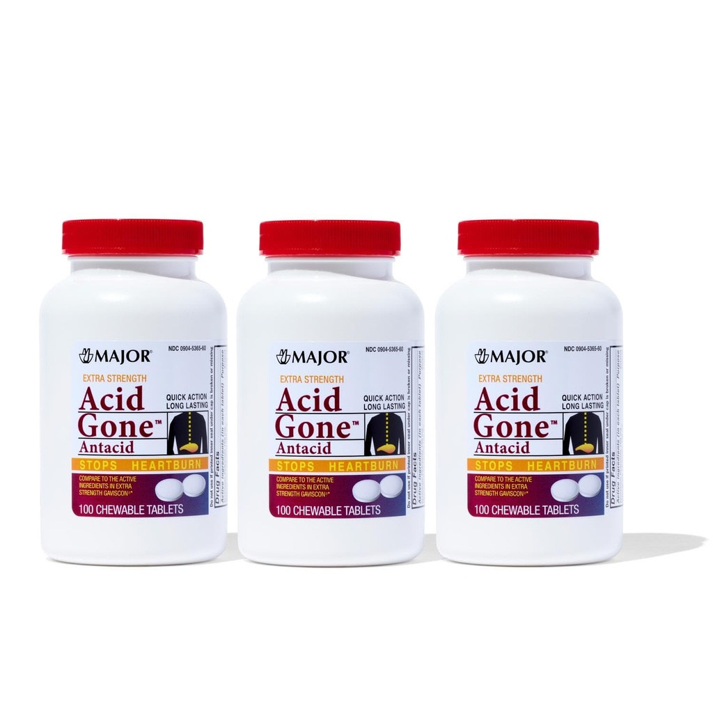 Acid major Gone extra Putere Antiacid Tablete masticabile - Relief anti- acid - Acid Reflux Medicina pentru adulți - Upset Stomac, Acid Indigestie, și Arsuri la stomac - Lungime - 100 Numărare (3 Pachet)