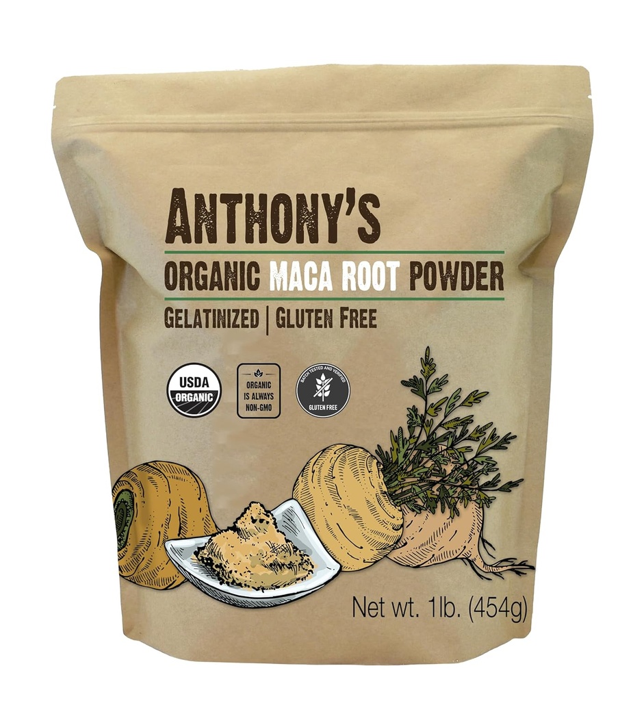 Anthony organic Maca Root Powder, 1 lb, Gelaminat pentru Biodisponibilitatea îmbunătățită, gluten gratuit, non OMG