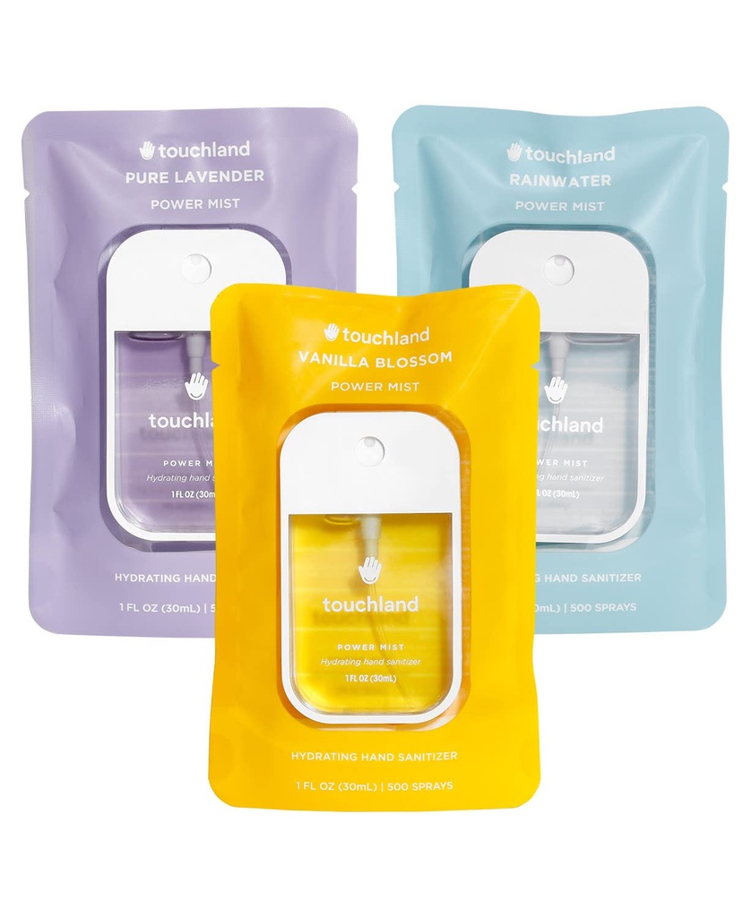Touchland Putere Mist Hidratare Spray de mână sanitator, BLOSSOM Trio Set (Lavandă, Vanilie, Apă de ploaie), 1 FL. OZ. Mărime de călătorie (Set de 3)
