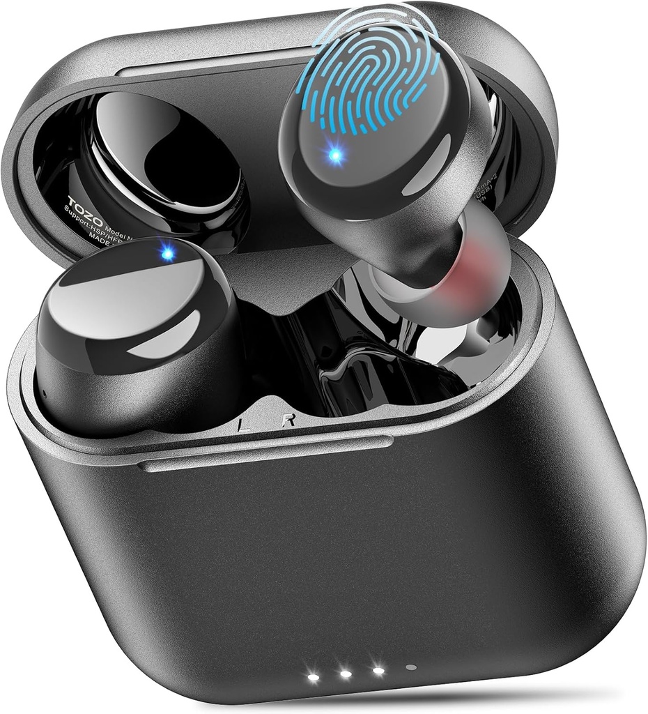 TOZO T6 Earbuds wireless, Bluetooth 5.3 Buds urechi, Stereo sunet în căști de urechi, 50 de ore Playtime, caz de încărcare wireless, APP EQ personalizabile, IPX8 Căști impermeabile