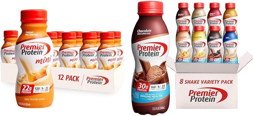 Premier Protein Shake MINIs Caramel 22g Protein 120 Calorie Pack of 12 & Protein Shake 8 Flavor Variety Pack 30g Protein 24 Vitamins & Minerals