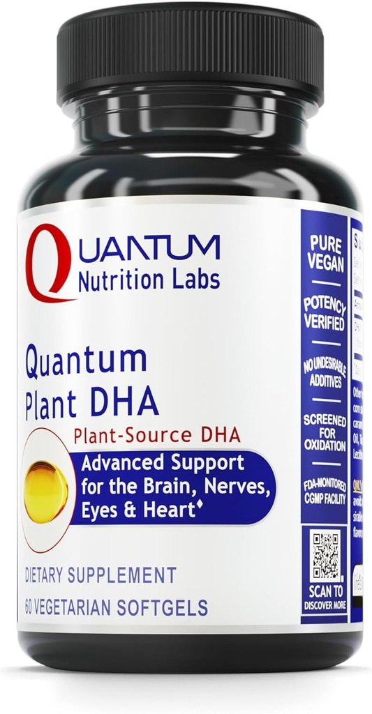 Quantum Nutrition Labs Plant DHA - Non-GMO Vegan DHA with Omega 3 Fatty Acids, Algae Based DHA for Women & Men, Natural DHA Supplement Suitable for Vegans- 60 Vegetarian Softgel Capsules
