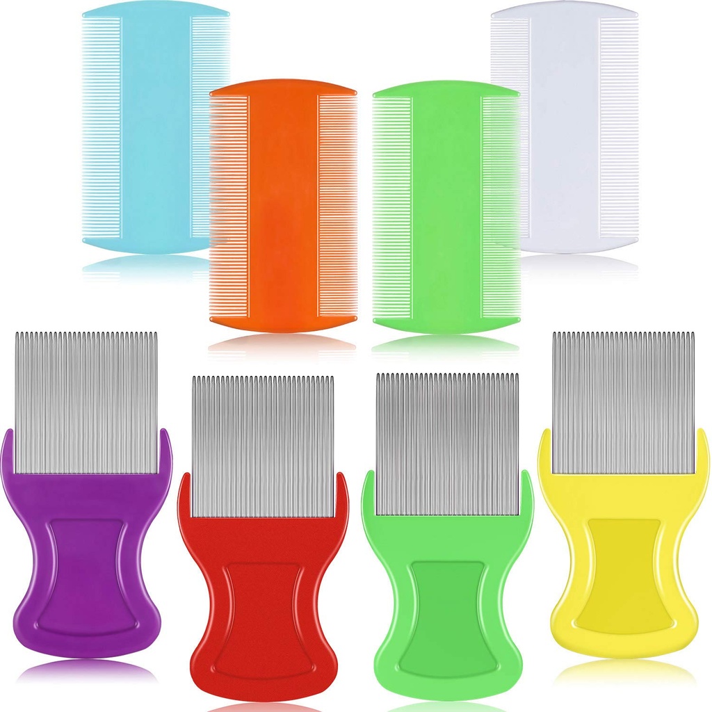 Maities 8 Pieces Flea Licee Combs double Sided Licee și Nit Îndepărtarea parului Rooming plastic și metal Comb pentru oameni Animale de companie (3.5 x 2 Inch, 3.54 x 1.57 Inch,Orange, albastru, violet, alb)
