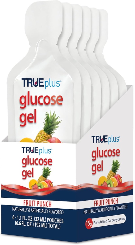 TRUEplus Glucoză Gel Pouch, fructe Punch Aroma, 15g rapid-acționare Carbohidrați, Fat gratuit, Gluten gratuit, Suport rapid pentru zahăr din sânge scăzut și energie, 6 Pack