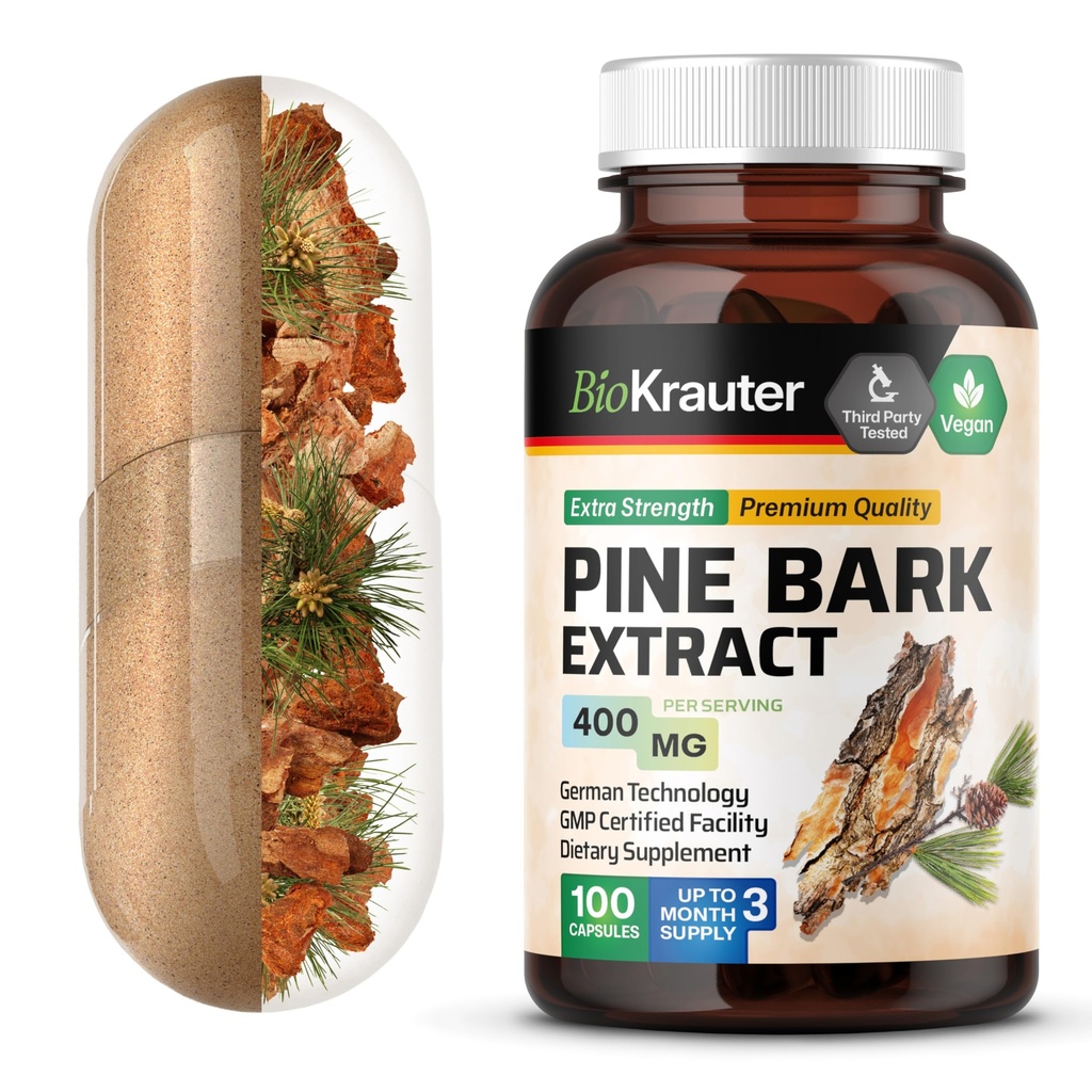 BIO KRAUTTER Pine Bark Extract capsule 400 mg - 100 Conte - Antioxidant Supliment - 95% Proanthocyanidins - Pine Bark Supliment - Vegan, Nu Fillers