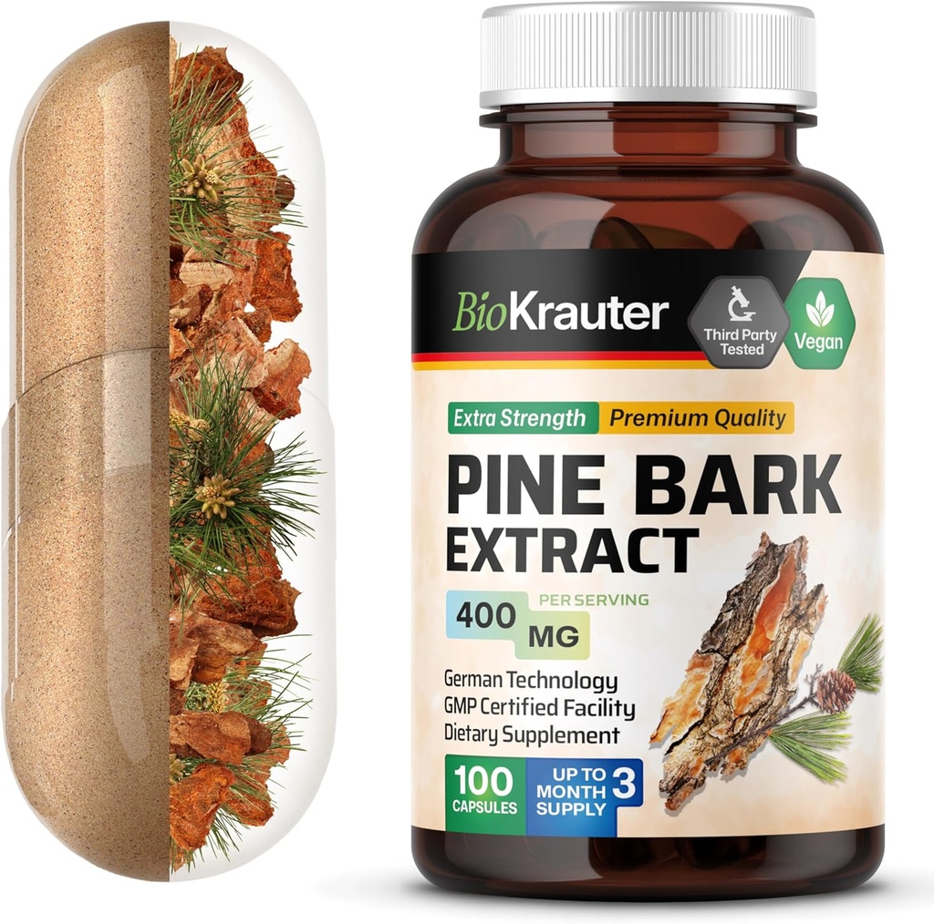 BIO KRAUTTER Pine Bark Extract capsule 400 mg - 100 Conte - Antioxidant Supliment - 95% Proanthocyanidins - Pine Bark Supliment - Vegan, Nu Fillers