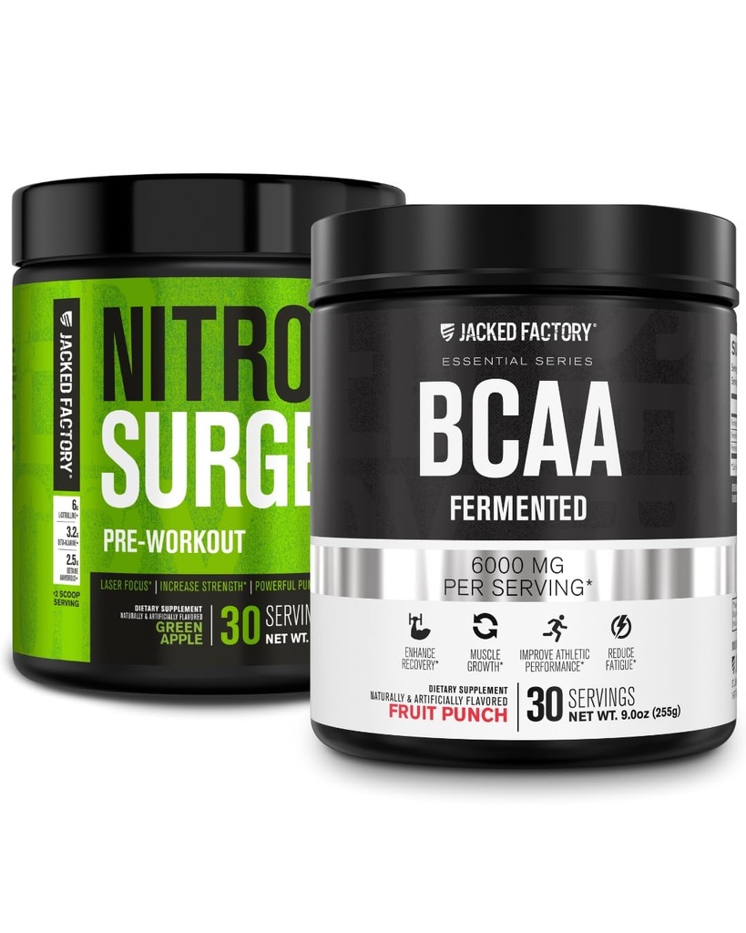 Fabrica Jacked Nitrosurge Pre-workout în Green Apple & BCAA în Punch de fructe pentru construirea musculare și recuperarea