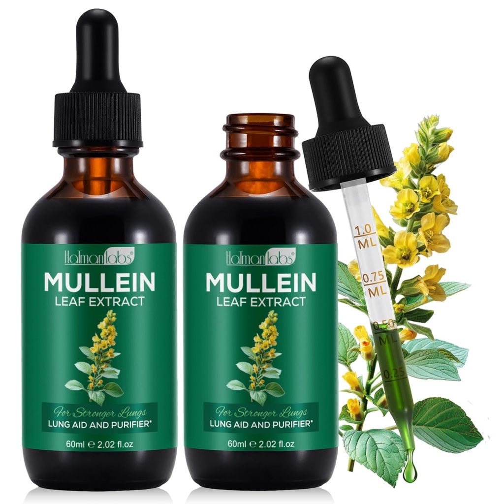 Extract de frunze de Mullein pentru plămâni, picături de Mullein pentru plămâni, Lung de sprijin, funcția respiratorie pentru respirație sănătoasă, îmbunătățirea funcției pulmonare, Supliment natural și sigur (2 PC)