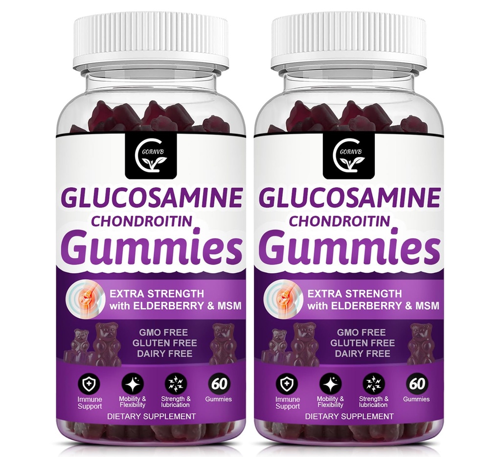 Glucosamină Chondroitin Gumies cu MSM & Elderberry Extra Putere - Suport Flexibilitate, Supplement de sprijin imun antioxidant pentru adulți, Bărbați și femei - 60 Chondroitin Gumies (2 ambalaj)