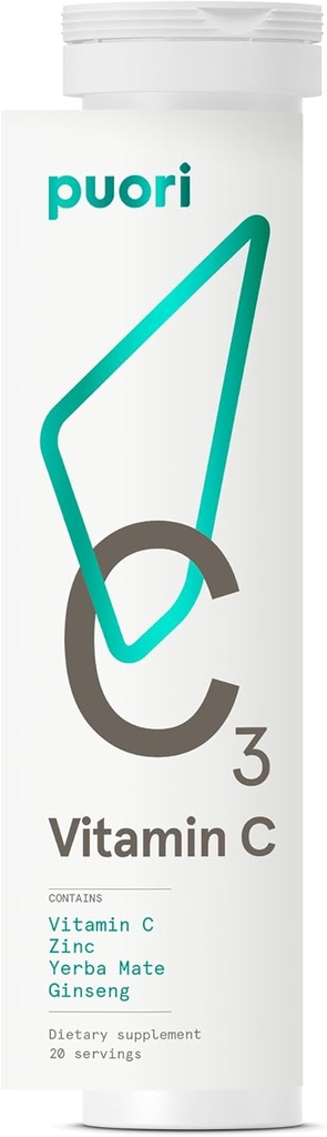 Puori C3 Vitamina C Supliment pentru suport imun și antioxidant - 20 Serviri - Vitamina C, Zinc, Yerba Mate, Ginseng ajută la combaterea oboselii și a funcției cognitive