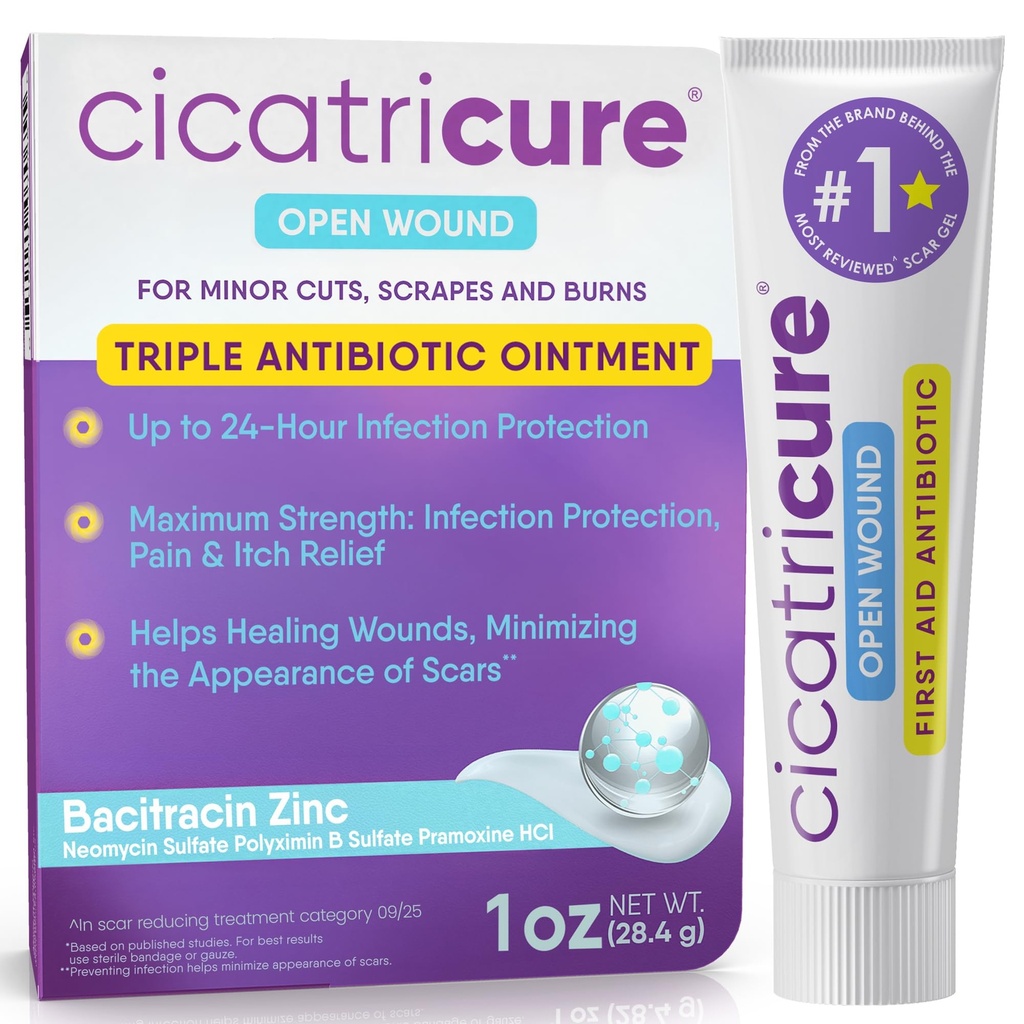 Cicatricure Triple Antibiotic Ointment with Pain Relief, Bacitracin Antibiotic Ointment & Cream for Wound Care, Vindecare Ointment for Cuts, Burns, Insecta Bites, First Help Province Essential, 1 oz
