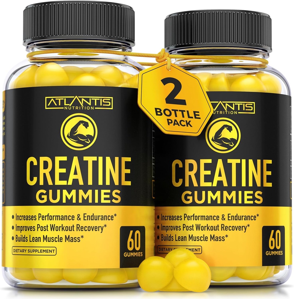 Atlantis Nutriție Creatină Monohidrat Gume pentru putere și performanță atletică - 5g Creatină Per Serving - Construcție musculare, Boost Performance & Endurance & Îmbunătățește recuperarea post antrenament - 120 Conte