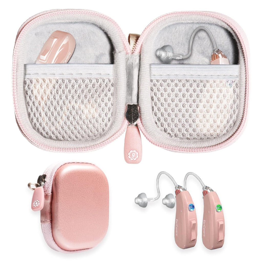 GETGEAR Proiectat de protecție caz pentru ajutor auditiv, amplificator de auz, amplificator de sunet personal, dispozitiv auditiv, dispozitiv de ascultare, caz mini puternic cu buzunar Mesh (Rose Gold