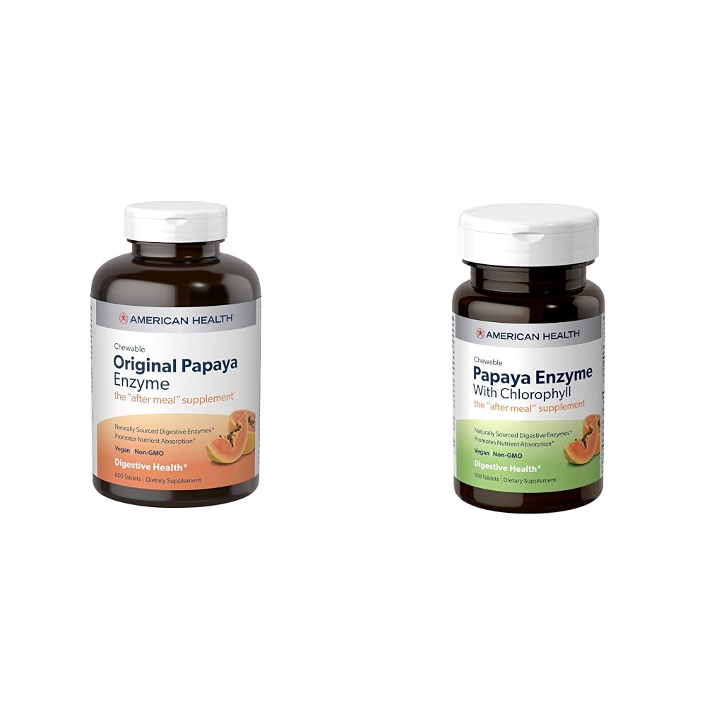American Health Papaya Digestive Enzyme Tablets Chewable Bundle - Original 600 Count and with Clorofill 100 Count