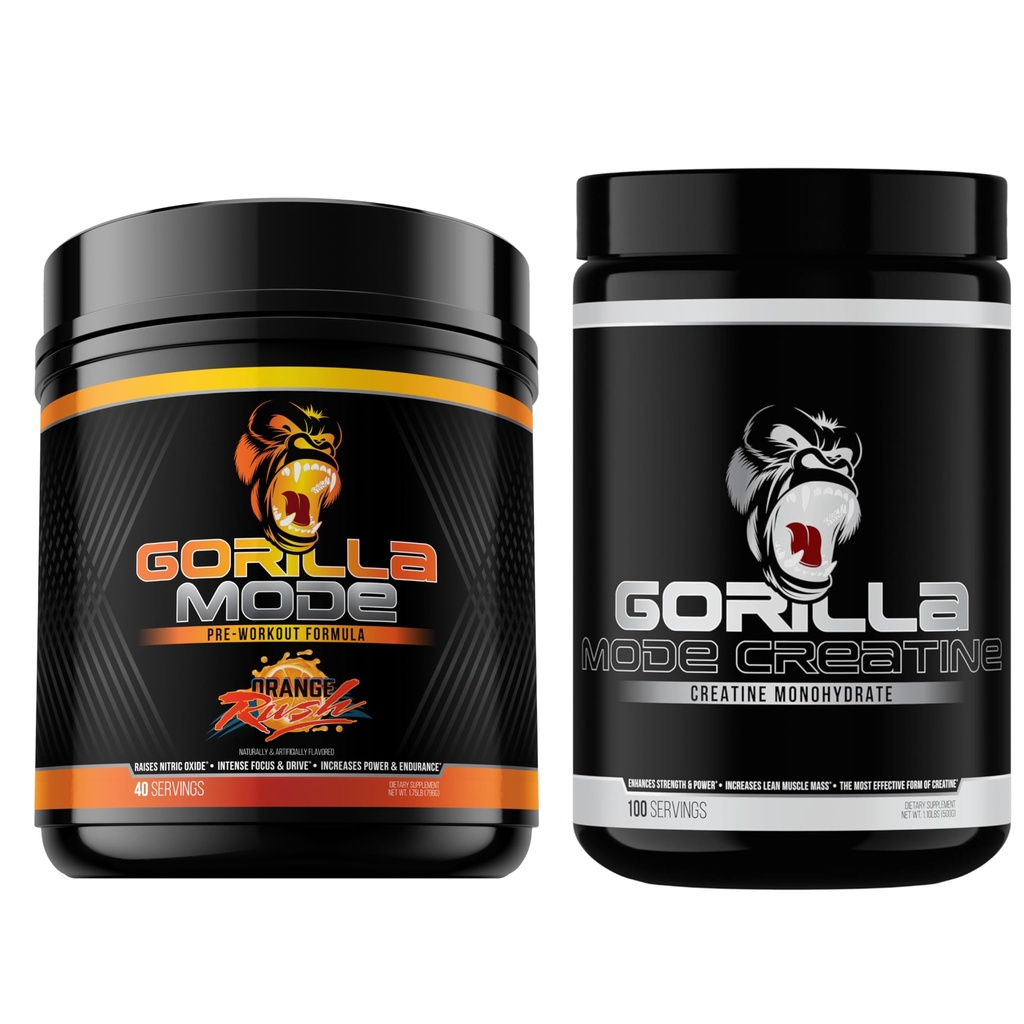 Gorila minte Pre antrenament (Orange Rush) + Creatină (100 Serv.) - Stack cuprinzător pentru o putere îmbunătățită, putere de ieșire, și dimensiunea musculară